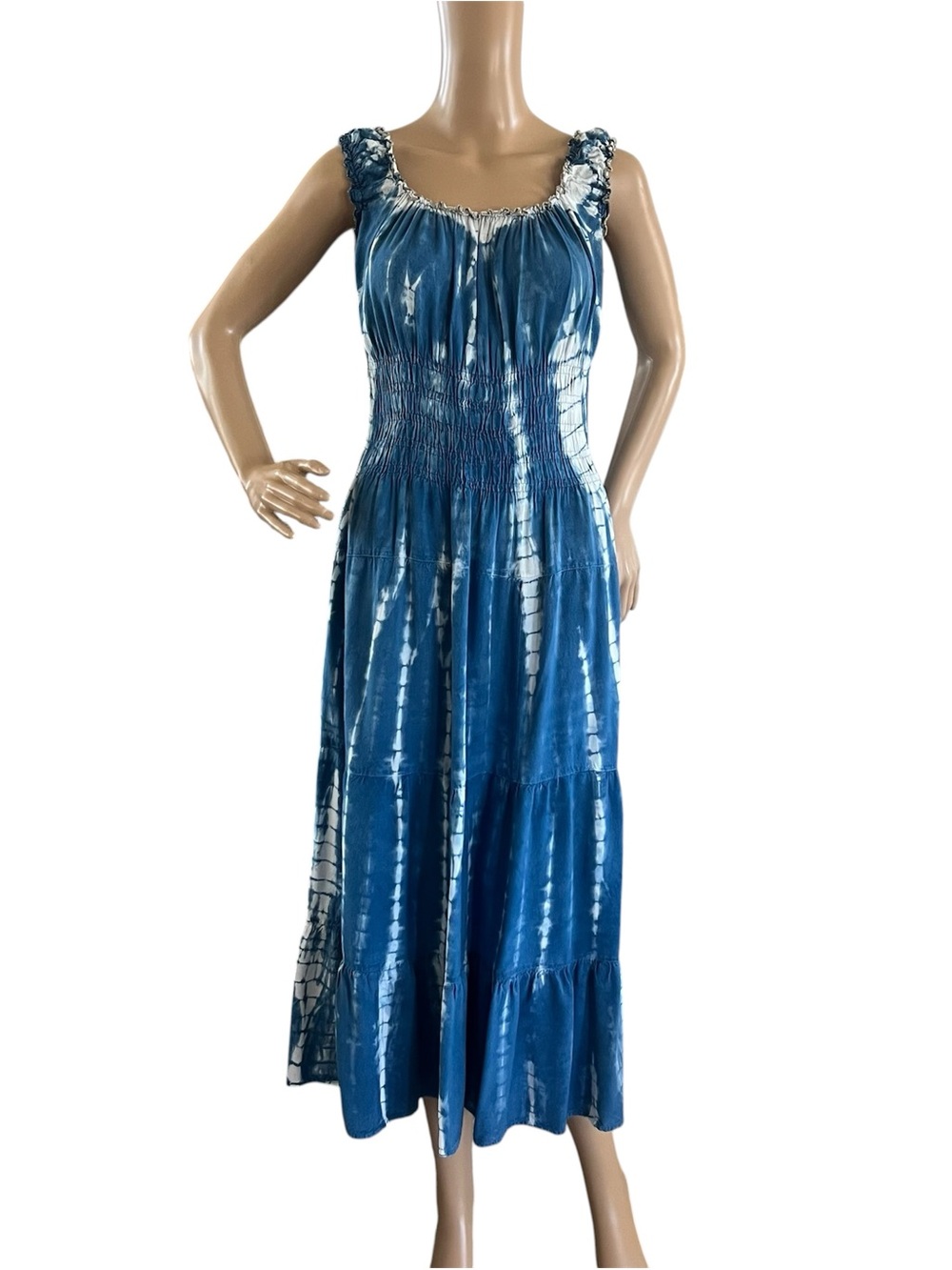 Blue Tie-Dye Maxi Sundress - Smocked Waist